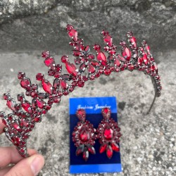 Elvira Bordo Gelin Kına Tacı Özel Gün Aksesuar Kadın Taç Ve Üç Mekik Küpe Takımı-ELVIRA-10 Elvira Bordo Gelin Kına Tacı Özel Gün Aksesuar Kadın Taç Ve Üç Mekik Küpe Takımı-ELVIRA-10