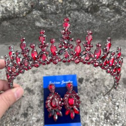 Elvira Bordo Gelin Kına Tacı Özel Gün Aksesuar Kadın Taç Ve Üç Mekik Küpe Takımı-ELVIRA-10 Elvira Bordo Gelin Kına Tacı Özel Gün Aksesuar Kadın Taç Ve Üç Mekik Küpe Takımı-ELVIRA-10