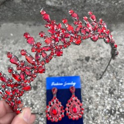 Elvira Kırmızı Gelin Kına Tacı Özel Gün Aksesuar Kadın Taç Ve Damla Mekik Küpe Takımı-ELVIRA-16 Elvira Kırmızı Gelin Kına Tacı Özel Gün Aksesuar Kadın Taç Ve Damla Mekik Küpe Takımı-ELVIRA-16