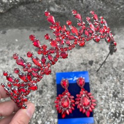 Elvira Kırmızı Gelin Kına Tacı Özel Gün Aksesuar Kadın Taç Ve Geniş Mekik Küpe Takımı-ELVIRA-17 Elvira Kırmızı Gelin Kına Tacı Özel Gün Aksesuar Kadın Taç Ve Geniş Mekik Küpe Takımı-ELVIRA-17