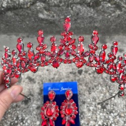 Elvira Kırmızı Gelin Kına Tacı Özel Gün Aksesuar Kadın Taç Ve Üç Mekik Küpe Takımı-ELVIRA-18 Elvira Kırmızı Gelin Kına Tacı Özel Gün Aksesuar Kadın Taç Ve Üç Mekik Küpe Takımı-ELVIRA-18