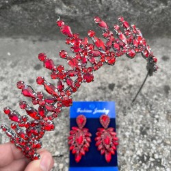 Elvira Kırmızı Gelin Kına Tacı Özel Gün Aksesuar Kadın Taç Ve İnce Mekik Küpe Takımı-ELVIRA-19 Elvira Kırmızı Gelin Kına Tacı Özel Gün Aksesuar Kadın Taç Ve İnce Mekik Küpe Takımı-ELVIRA-19