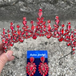 Elvira Kırmızı Gelin Kına Tacı Özel Gün Aksesuar Kadın Taç Ve İnce Mekik Küpe Takımı-ELVIRA-19 Elvira Kırmızı Gelin Kına Tacı Özel Gün Aksesuar Kadın Taç Ve İnce Mekik Küpe Takımı-ELVIRA-19