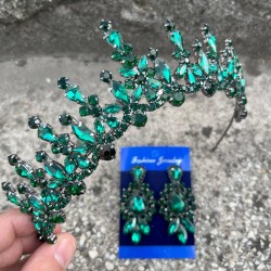 Elvira Yeşil Gelin Kına Tacı Özel Gün Aksesuar Kadın Taç Ve Üç Mekik Küpe Takımı-ELVIRA-24 Elvira Yeşil Gelin Kına Tacı Özel Gün Aksesuar Kadın Taç Ve Üç Mekik Küpe Takımı-ELVIRA-24