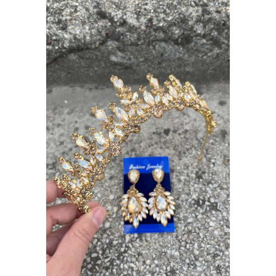 Elvira Gold Gelin Kına Tacı Özel Gün Aksesuar Kadın Taç Ve Geniş Mekik Küpe Takımı-ELVIRA-28 Elvira Gold Gelin Kına Tacı Özel Gün Aksesuar Kadın Taç Ve Geniş Mekik Küpe Takımı-ELVIRA-28