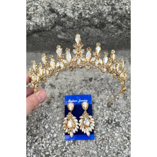 Elvira Gold Gelin Kına Tacı Özel Gün Aksesuar Kadın Taç Ve Geniş Mekik Küpe Takımı-ELVIRA-28 Elvira Gold Gelin Kına Tacı Özel Gün Aksesuar Kadın Taç Ve Geniş Mekik Küpe Takımı-ELVIRA-28