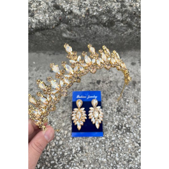 Elvira Gold Gelin Kına Tacı Özel Gün Aksesuar Kadın Taç Ve İnce Mekik Küpe Takımı-ELVIRA-29 Elvira Gold Gelin Kına Tacı Özel Gün Aksesuar Kadın Taç Ve İnce Mekik Küpe Takımı-ELVIRA-29