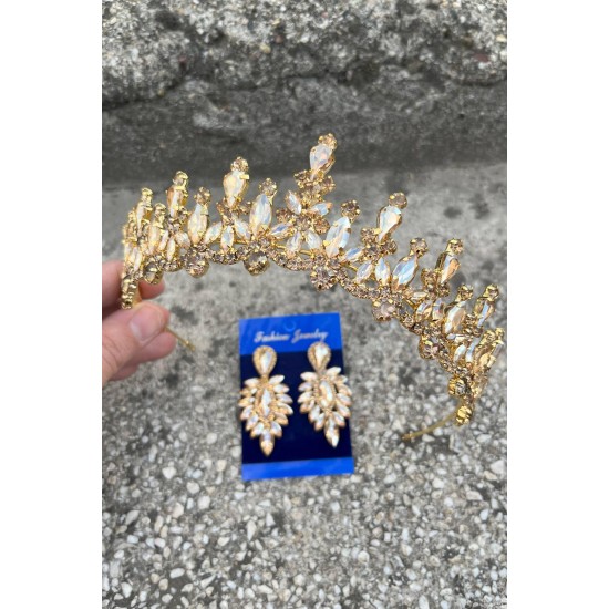 Elvira Gold Gelin Kına Tacı Özel Gün Aksesuar Kadın Taç Ve İnce Mekik Küpe Takımı-ELVIRA-29 Elvira Gold Gelin Kına Tacı Özel Gün Aksesuar Kadın Taç Ve İnce Mekik Küpe Takımı-ELVIRA-29