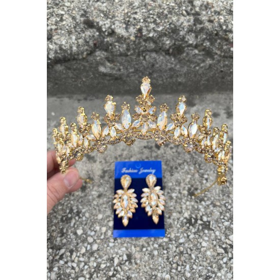 Elvira Gold Gelin Kına Tacı Özel Gün Aksesuar Kadın Taç Ve İnce Mekik Küpe Takımı-ELVIRA-29 Elvira Gold Gelin Kına Tacı Özel Gün Aksesuar Kadın Taç Ve İnce Mekik Küpe Takımı-ELVIRA-29