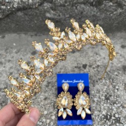 Elvira Gold Gelin Kına Tacı Özel Gün Aksesuar Kadın Taç Ve Üç Mekik Küpe Takımı-ELVIRA-30 Elvira Gold Gelin Kına Tacı Özel Gün Aksesuar Kadın Taç Ve Üç Mekik Küpe Takımı-ELVIRA-30