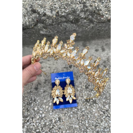 Elvira Gold Gelin Kına Tacı Özel Gün Aksesuar Kadın Taç Ve Üç Mekik Küpe Takımı-ELVIRA-30 Elvira Gold Gelin Kına Tacı Özel Gün Aksesuar Kadın Taç Ve Üç Mekik Küpe Takımı-ELVIRA-30