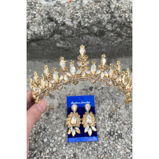 Elvira Gold Gelin Kına Tacı Özel Gün Aksesuar Kadın Taç Ve Üç Mekik Küpe Takımı-ELVIRA-30 Elvira Gold Gelin Kına Tacı Özel Gün Aksesuar Kadın Taç Ve Üç Mekik Küpe Takımı-ELVIRA-30