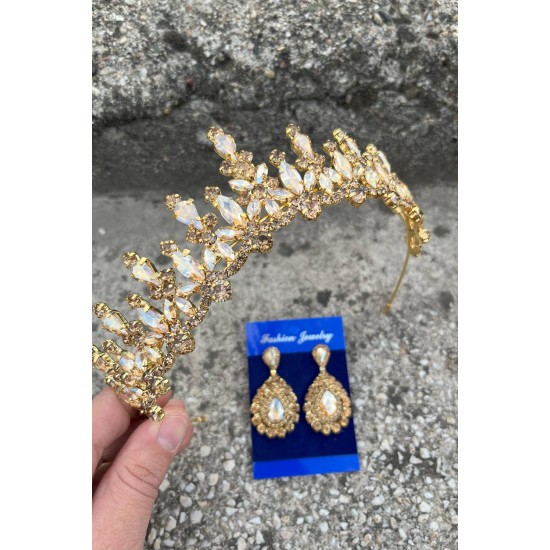 Elvira Gold Gelin Kına Tacı Özel Gün Aksesuar Kadın Taç Ve Damla Mekik Küpe Takımı-ELVIRA-31 Elvira Gold Gelin Kına Tacı Özel Gün Aksesuar Kadın Taç Ve Damla Mekik Küpe Takımı-ELVIRA-31