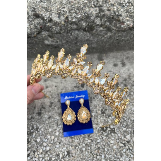 Elvira Gold Gelin Kına Tacı Özel Gün Aksesuar Kadın Taç Ve Damla Mekik Küpe Takımı-ELVIRA-31 Elvira Gold Gelin Kına Tacı Özel Gün Aksesuar Kadın Taç Ve Damla Mekik Küpe Takımı-ELVIRA-31