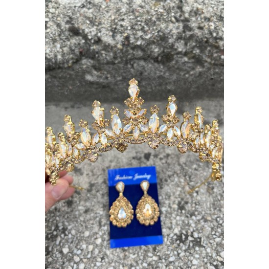 Elvira Gold Gelin Kına Tacı Özel Gün Aksesuar Kadın Taç Ve Damla Mekik Küpe Takımı-ELVIRA-31 Elvira Gold Gelin Kına Tacı Özel Gün Aksesuar Kadın Taç Ve Damla Mekik Küpe Takımı-ELVIRA-31