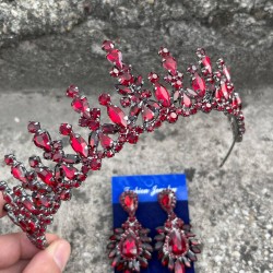 Elvira Bordo Gelin Kına Tacı Özel Gün Aksesuar Kadın Taç Ve Geniş Mekik Küpe Takımı-ELVIRA-9 Elvira Bordo Gelin Kına Tacı Özel Gün Aksesuar Kadın Taç Ve Geniş Mekik Küpe Takımı-ELVIRA-9