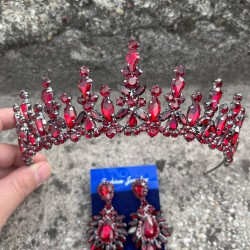 Elvira Bordo Gelin Kına Tacı Özel Gün Aksesuar Kadın Taç Ve Geniş Mekik Küpe Takımı-ELVIRA-9 Elvira Bordo Gelin Kına Tacı Özel Gün Aksesuar Kadın Taç Ve Geniş Mekik Küpe Takımı-ELVIRA-9