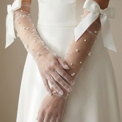 Beyaz Elyndra Pearl Couture T&uuml;l Eldiven &ndash; İncili Fiyonklu Uzun L&uuml;ks Gelin ve Davet Aksesuarı-ELYNDRA-1