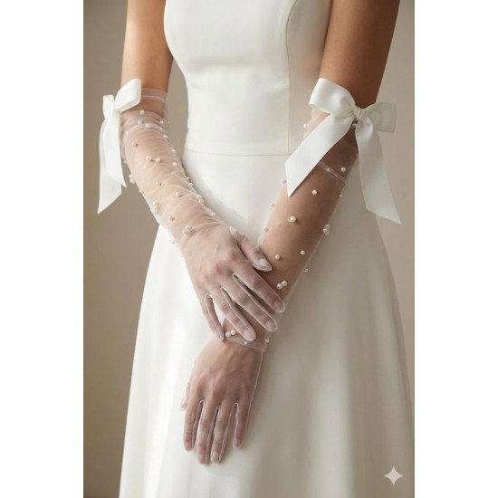 Beyaz Elyndra Pearl Couture T&uuml;l Eldiven &ndash; İncili Fiyonklu Uzun L&uuml;ks Gelin ve Davet Aksesuarı-ELYNDRA-1