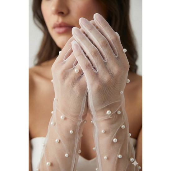 Beyaz Elyndra Pearl Couture T&uuml;l Eldiven &ndash; İncili Fiyonklu Uzun L&uuml;ks Gelin ve Davet Aksesuarı-ELYNDRA-1