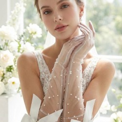 Beyaz Elyndra Pearl Couture T&uuml;l Eldiven &ndash; İncili Fiyonklu Uzun L&uuml;ks Gelin ve Davet Aksesuarı-ELYNDRA-1