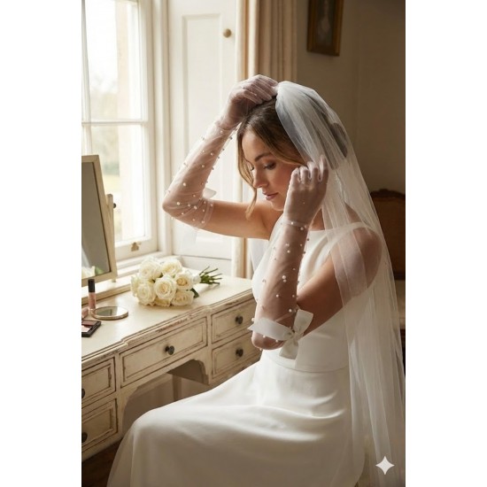 Beyaz Elyndra Pearl Couture T&uuml;l Eldiven &ndash; İncili Fiyonklu Uzun L&uuml;ks Gelin ve Davet Aksesuarı-ELYNDRA-1