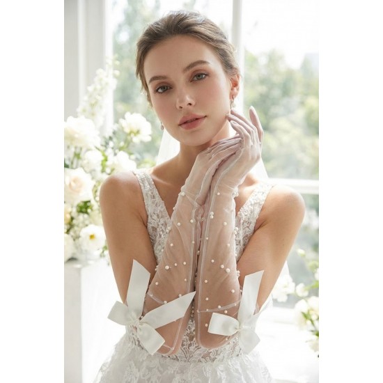 Beyaz Elyndra Pearl Couture T&uuml;l Eldiven &ndash; İncili Fiyonklu Uzun L&uuml;ks Gelin ve Davet Aksesuarı-ELYNDRA-1