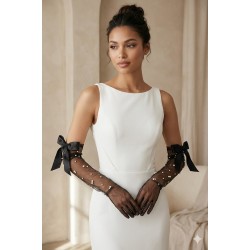 Siyah Elyndra Pearl Couture T&uuml;l Eldiven &ndash; İncili Fiyonklu Uzun L&uuml;ks Gelin ve Davet Aksesuarı-ELYNDRA-2