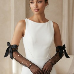 Siyah Elyndra Pearl Couture T&uuml;l Eldiven &ndash; İncili Fiyonklu Uzun L&uuml;ks Gelin ve Davet Aksesuarı-ELYNDRA-2