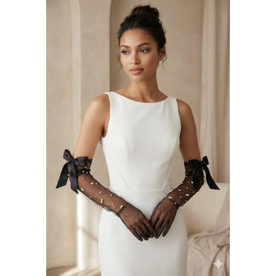 Siyah Elyndra Pearl Couture T&uuml;l Eldiven &ndash; İncili Fiyonklu Uzun L&uuml;ks Gelin ve Davet Aksesuarı-ELYNDRA-2