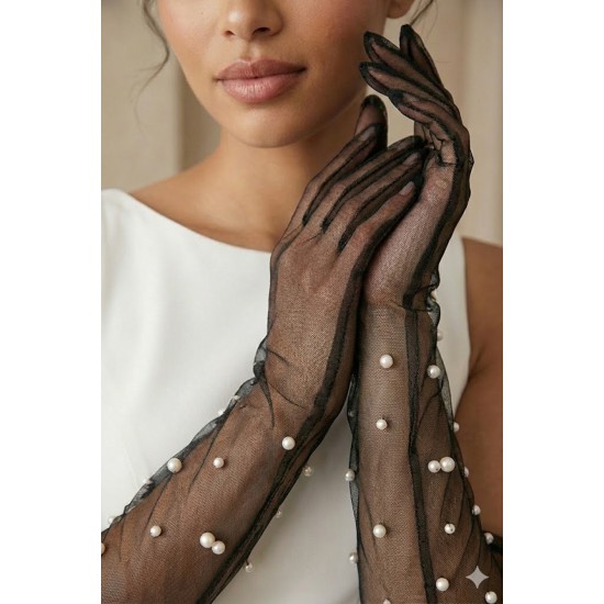Siyah Elyndra Pearl Couture T&uuml;l Eldiven &ndash; İncili Fiyonklu Uzun L&uuml;ks Gelin ve Davet Aksesuarı-ELYNDRA-2