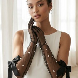 Siyah Elyndra Pearl Couture T&uuml;l Eldiven &ndash; İncili Fiyonklu Uzun L&uuml;ks Gelin ve Davet Aksesuarı-ELYNDRA-2