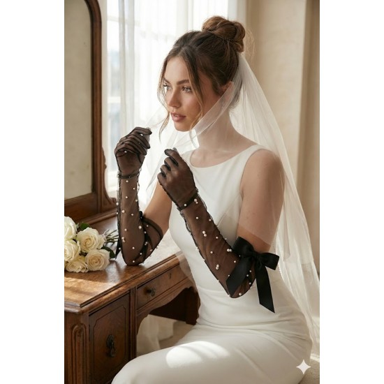 Siyah Elyndra Pearl Couture T&uuml;l Eldiven &ndash; İncili Fiyonklu Uzun L&uuml;ks Gelin ve Davet Aksesuarı-ELYNDRA-2