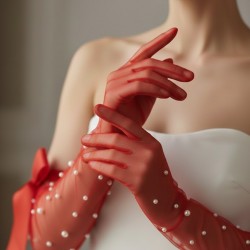 Kırmızı Elyndra Pearl Couture T&uuml;l Eldiven &ndash; İncili Fiyonklu Uzun L&uuml;ks Gelin ve Davet Aksesuarı-ELYNDRA-3