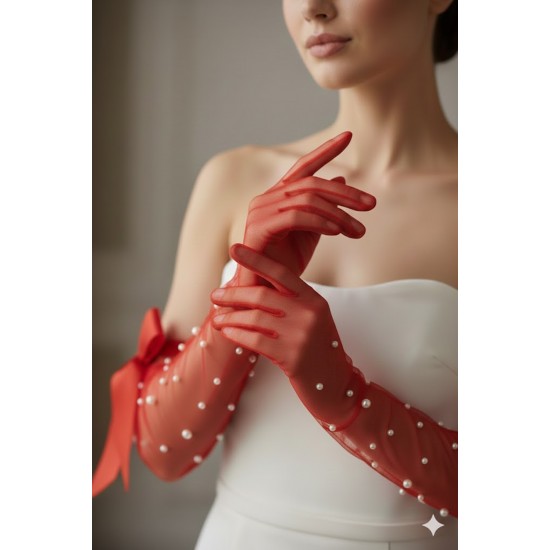 Kırmızı Elyndra Pearl Couture T&uuml;l Eldiven &ndash; İncili Fiyonklu Uzun L&uuml;ks Gelin ve Davet Aksesuarı-ELYNDRA-3