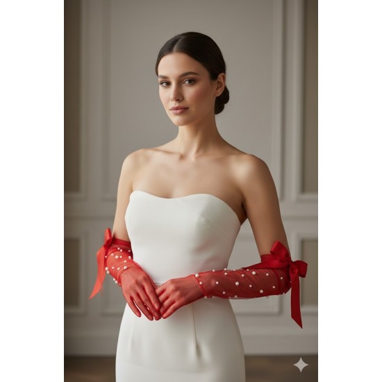 Kırmızı Elyndra Pearl Couture T&uuml;l Eldiven &ndash; İncili Fiyonklu Uzun L&uuml;ks Gelin ve Davet Aksesuarı-ELYNDRA-3