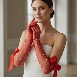 Kırmızı Elyndra Pearl Couture T&uuml;l Eldiven &ndash; İncili Fiyonklu Uzun L&uuml;ks Gelin ve Davet Aksesuarı-ELYNDRA-3