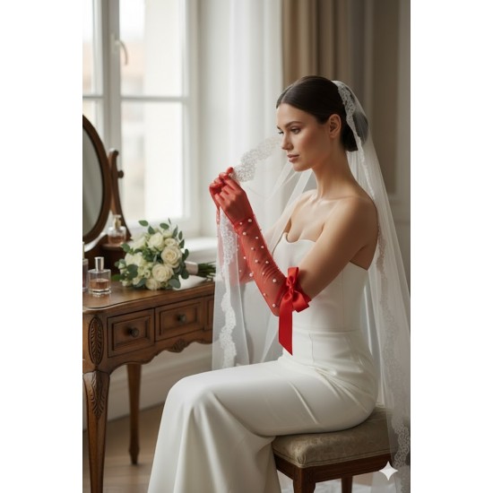 Kırmızı Elyndra Pearl Couture T&uuml;l Eldiven &ndash; İncili Fiyonklu Uzun L&uuml;ks Gelin ve Davet Aksesuarı-ELYNDRA-3