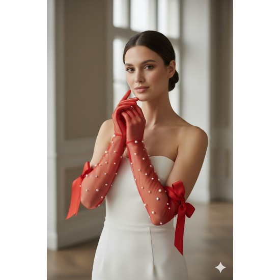 Kırmızı Elyndra Pearl Couture T&uuml;l Eldiven &ndash; İncili Fiyonklu Uzun L&uuml;ks Gelin ve Davet Aksesuarı-ELYNDRA-3