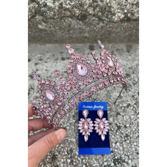 Eveline Pembe Taç İnce Mekik Küpe Seti – Kına Nişan Düğün Abiye Aksesuar Takımı-EVELINE-10 Eveline Pembe Taç İnce Mekik Küpe Seti – Kına Nişan Düğün Abiye Aksesuar Takımı-EVELINE-10