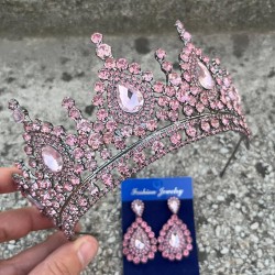 Eveline Pembe Taç Damla Mekik Küpe Seti – Kına Nişan Düğün Abiye Aksesuar Takımı-EVELINE-13 Eveline Pembe Taç Damla Mekik Küpe Seti – Kına Nişan Düğün Abiye Aksesuar Takımı-EVELINE-13