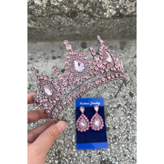 Eveline Pembe Taç Damla Mekik Küpe Seti – Kına Nişan Düğün Abiye Aksesuar Takımı-EVELINE-13 Eveline Pembe Taç Damla Mekik Küpe Seti – Kına Nişan Düğün Abiye Aksesuar Takımı-EVELINE-13
