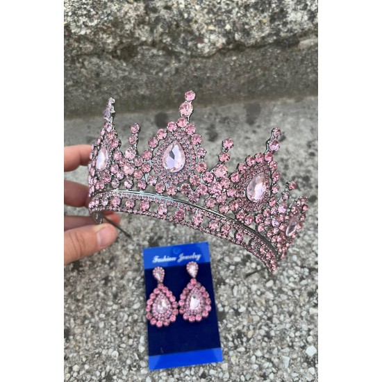 Eveline Pembe Taç Damla Mekik Küpe Seti – Kına Nişan Düğün Abiye Aksesuar Takımı-EVELINE-13 Eveline Pembe Taç Damla Mekik Küpe Seti – Kına Nişan Düğün Abiye Aksesuar Takımı-EVELINE-13