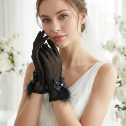 Feather Charm Siyah T&uuml;l Gelin Eldiveni &ndash; İnci Fiyonk Detaylı L&uuml;ks Nikah & D&uuml;ğ&uuml;n Aksesuarı-FEATHER-1