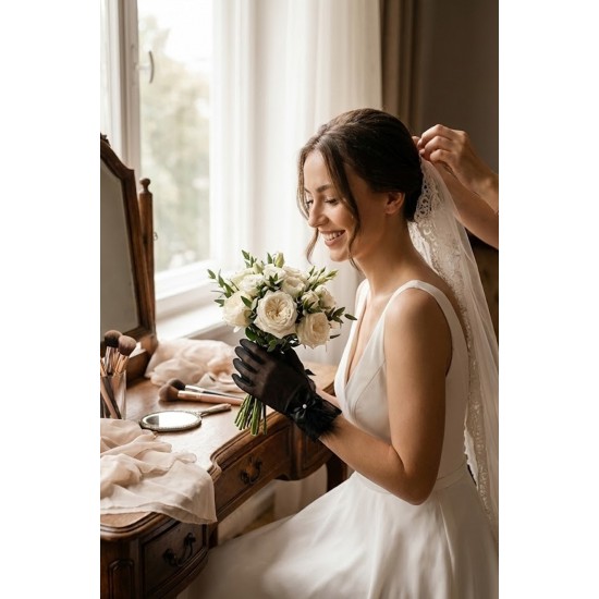Feather Charm Siyah T&uuml;l Gelin Eldiveni &ndash; İnci Fiyonk Detaylı L&uuml;ks Nikah & D&uuml;ğ&uuml;n Aksesuarı-FEATHER-1