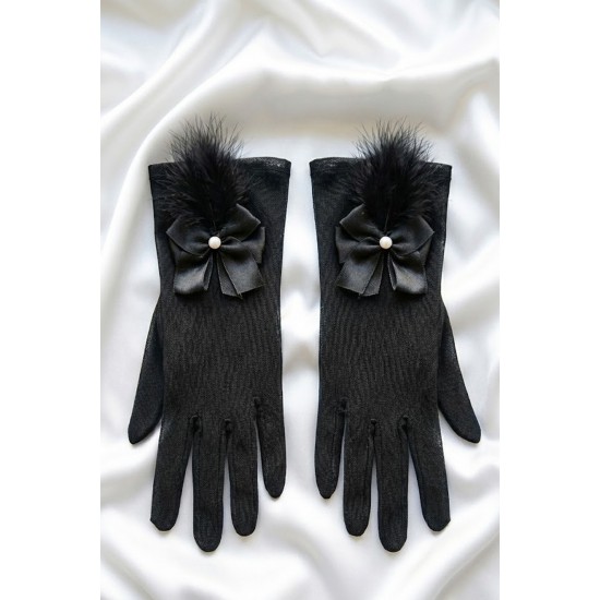 Feather Charm Siyah T&uuml;l Gelin Eldiveni &ndash; İnci Fiyonk Detaylı L&uuml;ks Nikah & D&uuml;ğ&uuml;n Aksesuarı-FEATHER-1