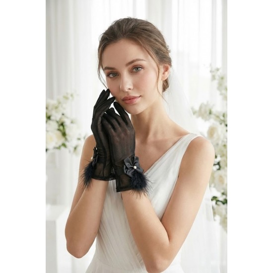 Feather Charm Siyah T&uuml;l Gelin Eldiveni &ndash; İnci Fiyonk Detaylı L&uuml;ks Nikah & D&uuml;ğ&uuml;n Aksesuarı-FEATHER-1