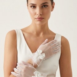 Feather Charm Beyaz T&uuml;l Gelin Eldiveni &ndash; İnci Fiyonk Detaylı L&uuml;ks Nikah & D&uuml;ğ&uuml;n Aksesuarı-FEATHER-2