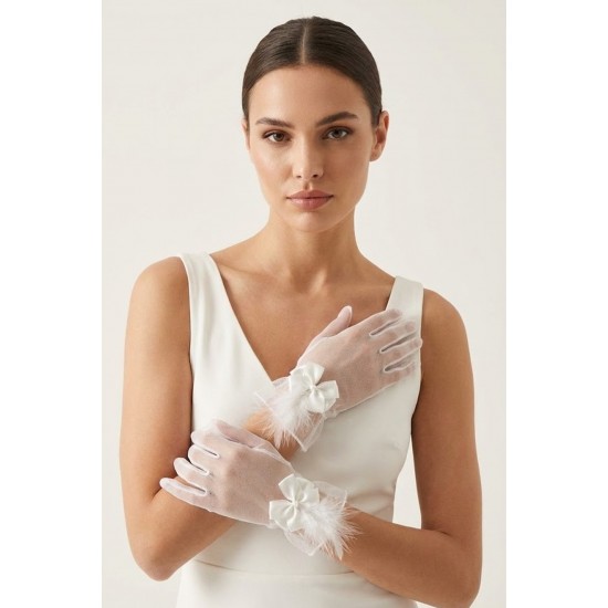 Feather Charm Beyaz T&uuml;l Gelin Eldiveni &ndash; İnci Fiyonk Detaylı L&uuml;ks Nikah & D&uuml;ğ&uuml;n Aksesuarı-FEATHER-2
