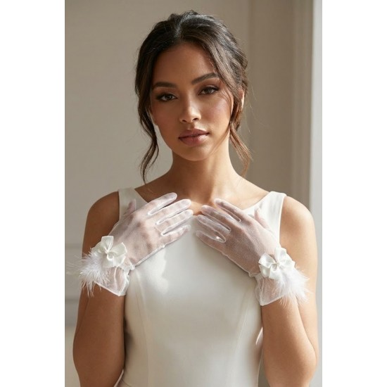 Feather Charm Beyaz T&uuml;l Gelin Eldiveni &ndash; İnci Fiyonk Detaylı L&uuml;ks Nikah & D&uuml;ğ&uuml;n Aksesuarı-FEATHER-2